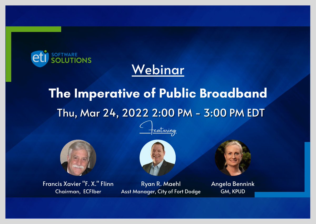 ETI_Software's tweet photo. Join our webinar https://t.co/eY2TPNNwqr hosted by @FiberMaven featuring experts from @ECFiberChair (@FXFlinn),  @Kitsap_PUD1 and @FDCITY who will share their views on how their communities have solved #broadband deficiencies through self-deployment and why they decided to do so? https://t.co/4CFNO34QqL