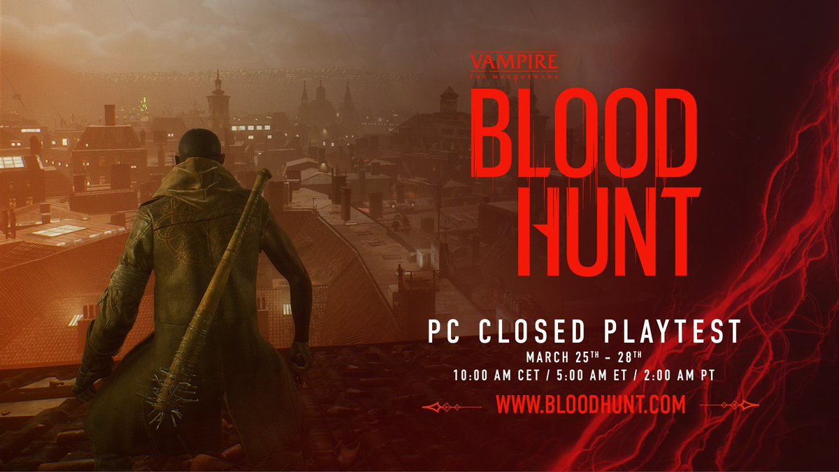 Bloodhunt's tweet photo. Hello Bloodhunt Community! We are excited to tell you that the upcoming Closed Bloodhunt PC playtest is planned to start on the 25th of March at 10:00 CET. We also have a limited amount of codes available on our Discord for new players. Details available below. 👇 https://t.co/79AJDfaaw5