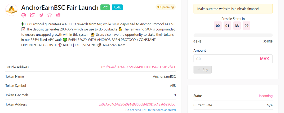 EarnBsc's tweet photo. 💍Anchor Earn BSC
#pinksale #fairlaunch starts today

The fair launch lasts 48 hours (and ends on Thursday at 3.30pm UTC)

🌟365% #APY 
🌟4% BUSD #Rewards
🤑40% liquidity lock at #AnchorProtocol

📢https://t.co/Wi6VsEyFds

https://t.co/TD8dfliQaN

#BSCGem #bnb #CryptoNews https://t.co/X8tIMtnxI3