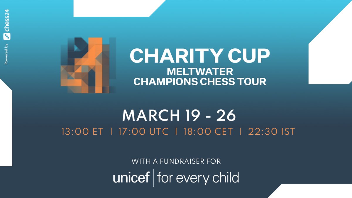GET IN. 👇
chess24.com/tour/charity-c…

🗓 Mar 19-26
🏆 <a href="/Meltwater/">Meltwater</a> Champions Chess Tour returns
▶️ The Charity Cup
🤝 In aid of <a href="/UNICEF/">UNICEF</a>
➕ World's top chess stars
⏲️ 17:00 UTC /  18:00 CET
 
#ChessChamps #UNICEF