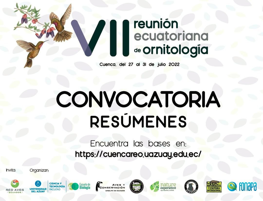 ¡Empiecen a enviar los resúmenes de sus investigaciones para la 7ma Reunión Ecuatoriana De Ornitología! 📃
✅ charla corta o póster. 

Info: cuencareo.uazuay.edu.ec/inscripci.../e…

#CuencaREO #VIIREO #ReuniónEcuatorianaOrnitología #REOCuenca #OrnitologíaEcuatoriana #Ornitología #AvesEcuador