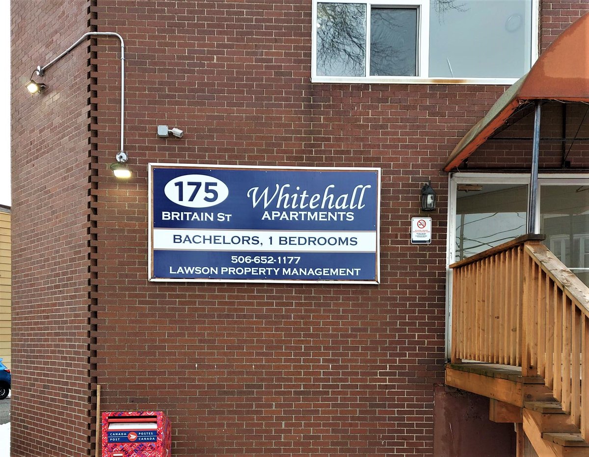 Flewwelling's tweet photo. We just completed this outdoor sign for @LawsonPropertyManagementInc and installed it at the Whitehall Apartments on Britain Street. They manage rental properties in the #SaintJohn and #Rothesay areas so contact them if you are in the market for a new place to rent. https://t.co/yrLD4YHEuz