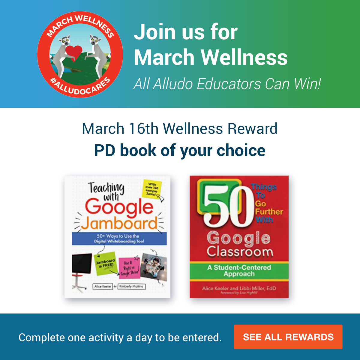 AlludoPlay's tweet photo. Make sure you participate in tomorrow's #MarchWellness event for a chance to win one of our favorite Google-focused #PDBooks 📚 Really want to win? Complete more activities in Alludo to boost your number of entries 🚀 See more upcoming prizes here: https://t.co/1RXtSPUcBl https://t.co/D4Q3cKToaa
