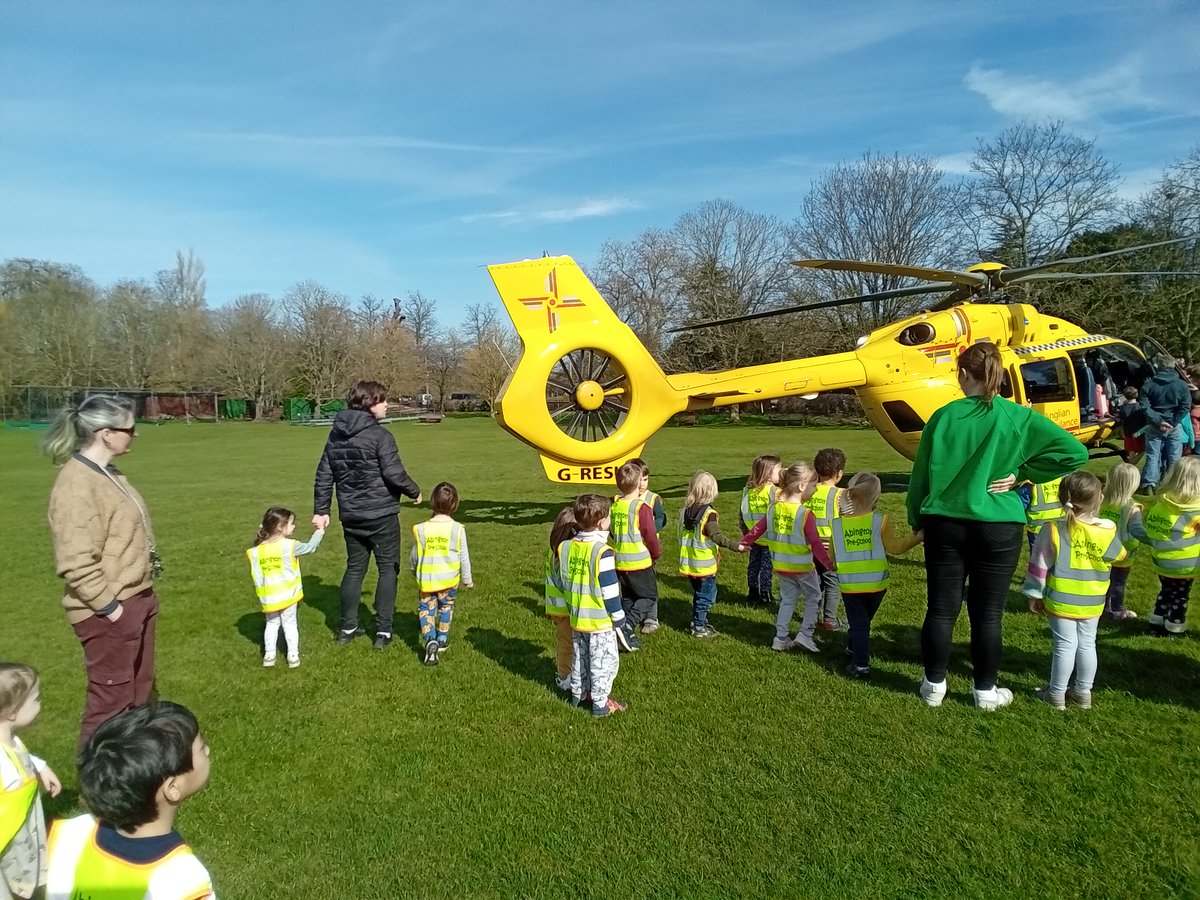 Many thanks to Lee from <a href="/EastAngliAirAmb/">East Anglian Air Ambulance</a> who took the time in Abington to speak with us as he landed on the local cricket pitch. We created helicopter blades from lolly pop sticks and coloured helicopter pictures to remember our day!