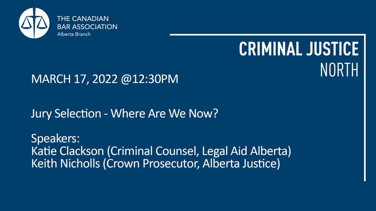 CBAAlberta's tweet photo. There have been significant changes to jury selection from peremptory challenges to the power to stand aside prospective jurors. On Thurs, the Criminal Justice north Section and speakers from @AlbertaJSG &amp; @LegalAidAlberta make sense of where we are now.

https://t.co/oyx9kAejSq https://t.co/bTByg4zHQ0