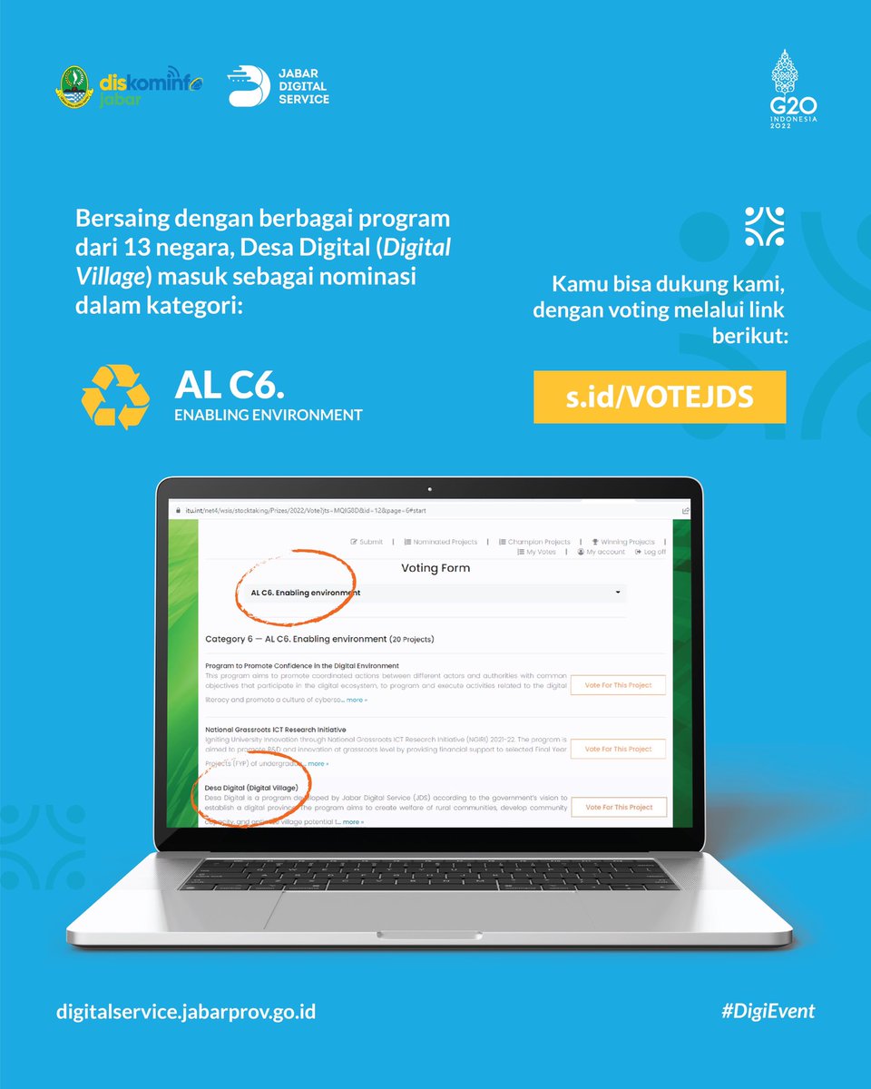 Bantu Jabar buat jadi juara yuk , buat akun WSIS melalui link berikut: s.id/DAFTARWSIS . Setelah berhasil bikin akun, buka link s.id/VOTEJDS , Pilih kategori AL C6. Cari "Desa Digital (Digital Village)” lalu klik "Vote For This Project" #JabarJuara