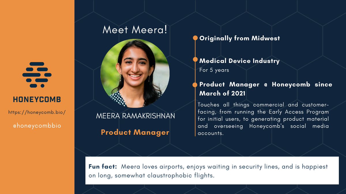 honeycombbio's tweet photo. 👋 Meet Meera, our Product Manager. 😊
#teamtuesdays #honeycombbio_team #singlecell #honeycombbio #HIVE #HIVEscRNAseq #scRNAseq #singlecellgenomics https://t.co/tHov13w6KP