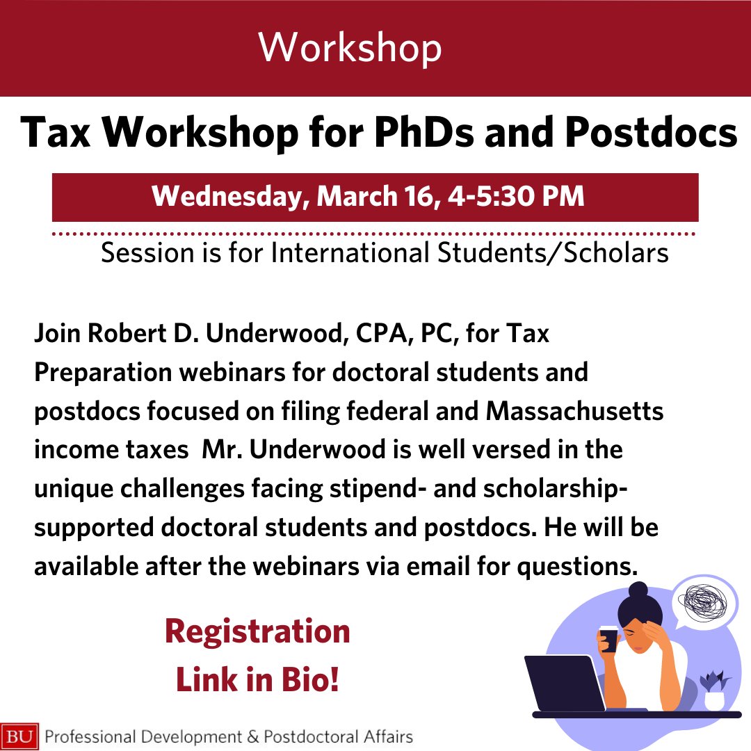 Reminder: TOMORROW - Tax Preparation Workshop for International PhD students and Postdoctoral Scholars. Register via link in bio.