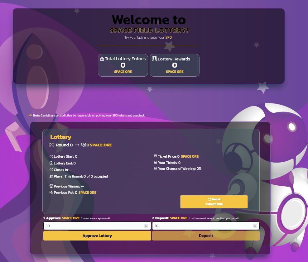 SpaceEcoSystem's tweet image. 🧑‍🚀Space Field #Lottery is now live!

➡️lottery.spaceprojects.online

⏳Lottery will run every 3hrs
✅30 participants max
🎟Each ticket costs 3 $SPO
👉90 $SPO max deposit

Good luck!🍀

#Crypto #Cryptocurrency #Coin #DeFi #DApp #Airdrop #Game #Blockchain #Contest #BTC #Bitcoin #BNB