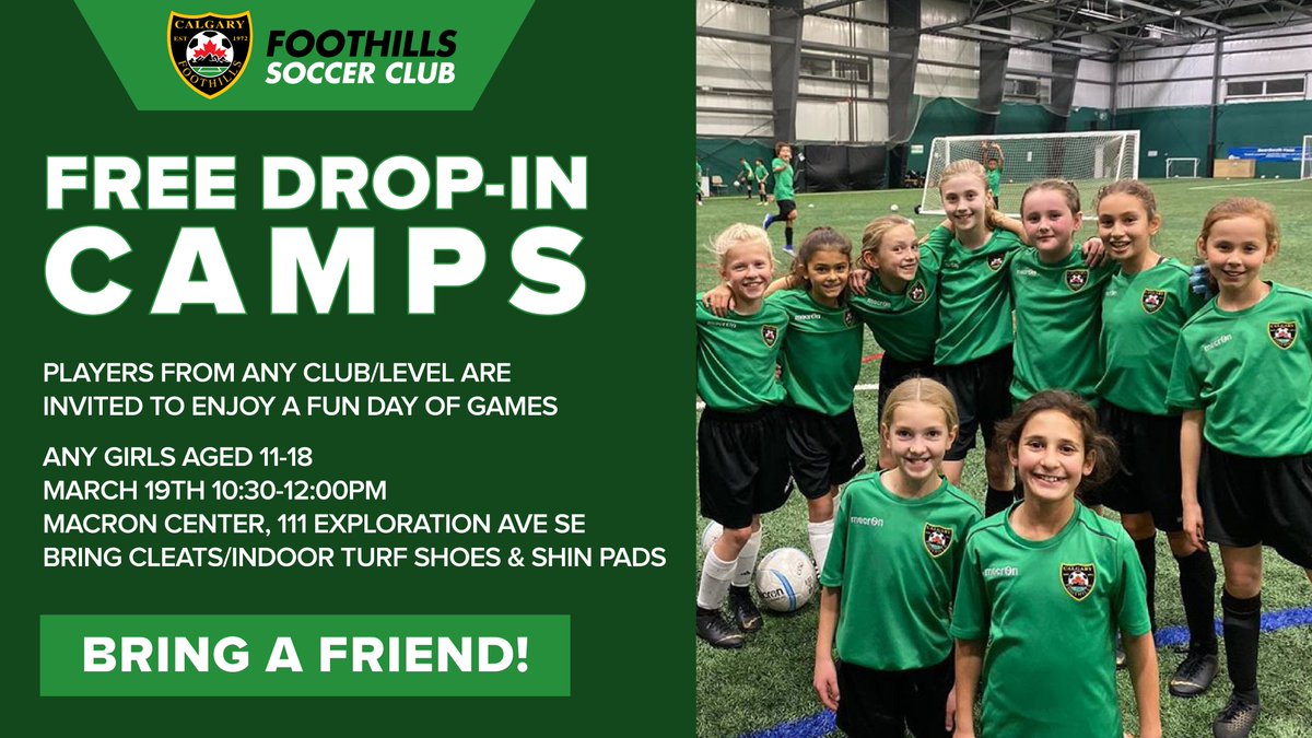 FoothillsSoccer's tweet photo. 🚨Attention Female Soccer Players🚨

Calgary Foothills is offering FREE Drop-In Camps this Saturday, March 19th.  

Open to ALL girls aged 11-18 from any club/level https://t.co/BB56SWqNOZ