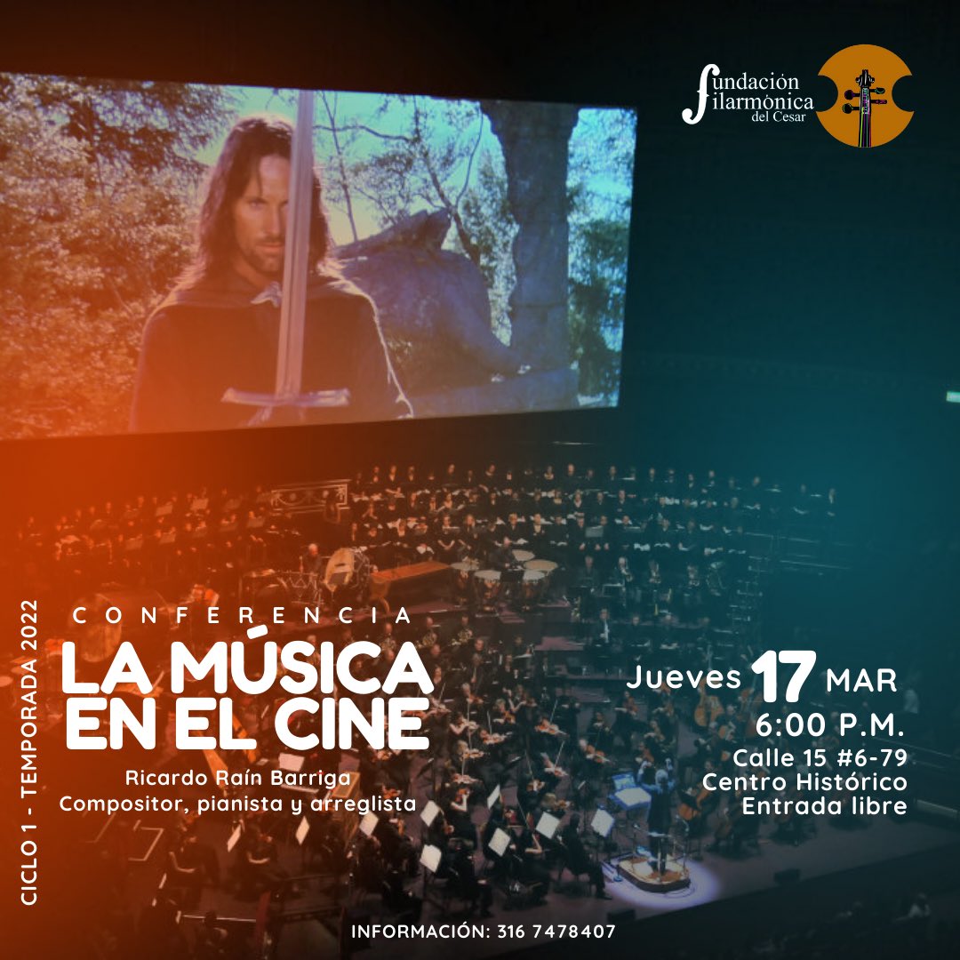 FilarmonicCesar's tweet photo. Les extendemos esta bonita invitación a la conferencia ‘La música en el cine’ dirigida por el compositor y pianista chileno, Ricardo Rain Barriga.

Les esperamos el jueves 17 de marzo a la 6:00 pm en nuestra sede, ubicada en la calle 15 #6-79 @CHdeValledupar  Entrada libre! https://t.co/W5lZ9OPt4a