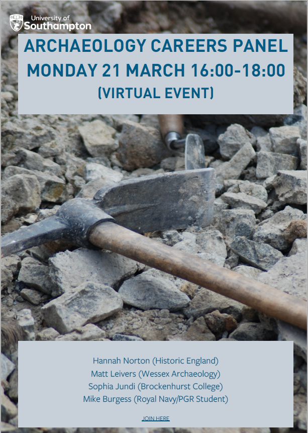 Hot on the heels of our careers event yesterday, we have another one next week! This time with <a href="/hannahfluck/">Dr Hannah Fluck</a> <a href="/burgaeologist/">Mike Burgess</a> <a href="/MattLeivers/">Matt Leivers</a> &amp; Sophie Jundi
Monday 21st March:,16:00
tinyurl.com/archSoton