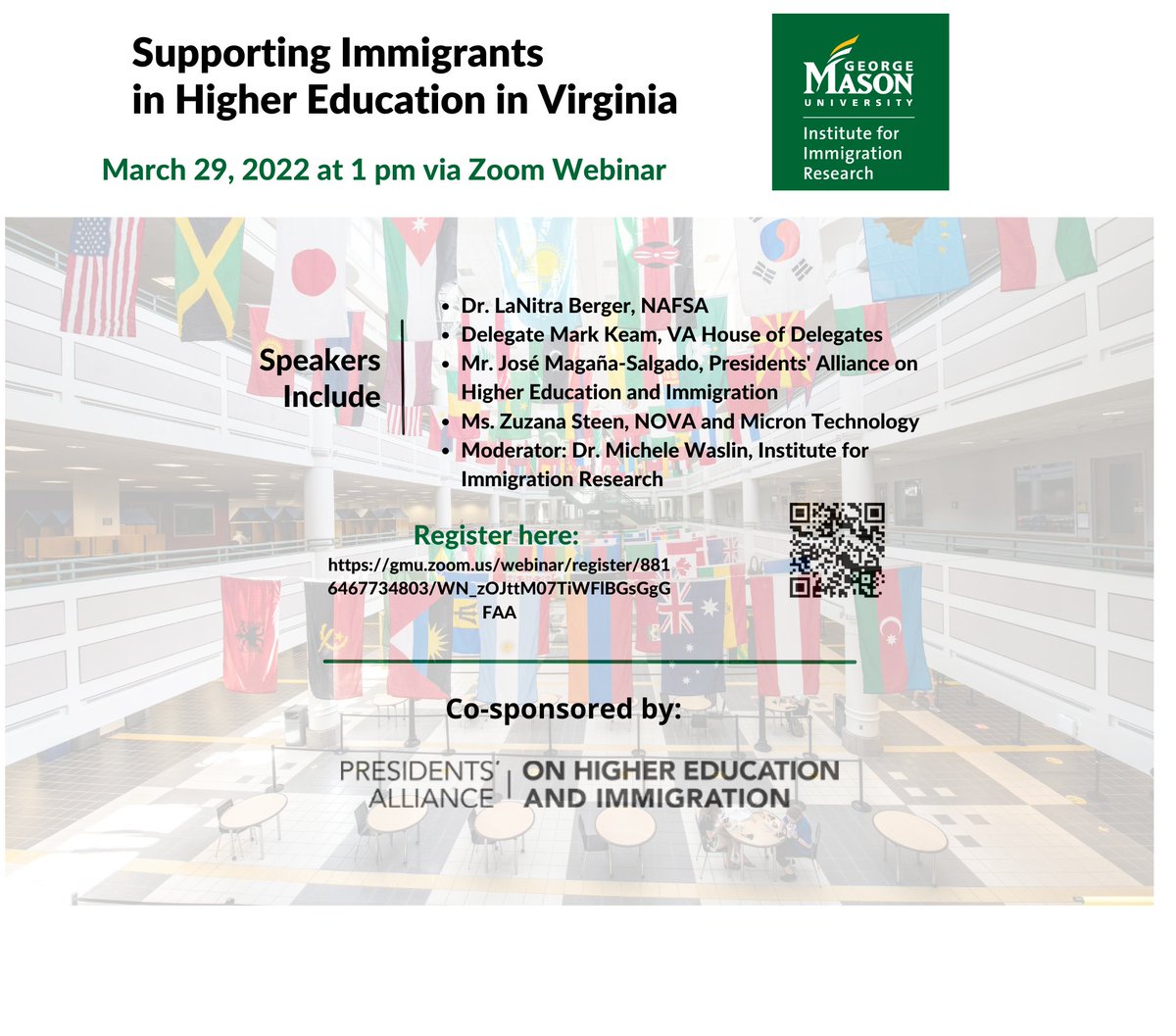 Interested in how you can support #immigrant students, faculty and staff? Our experts will explain what immigrants contribute and how we can help. Register at gmu.zoom.us/webinar/regist…