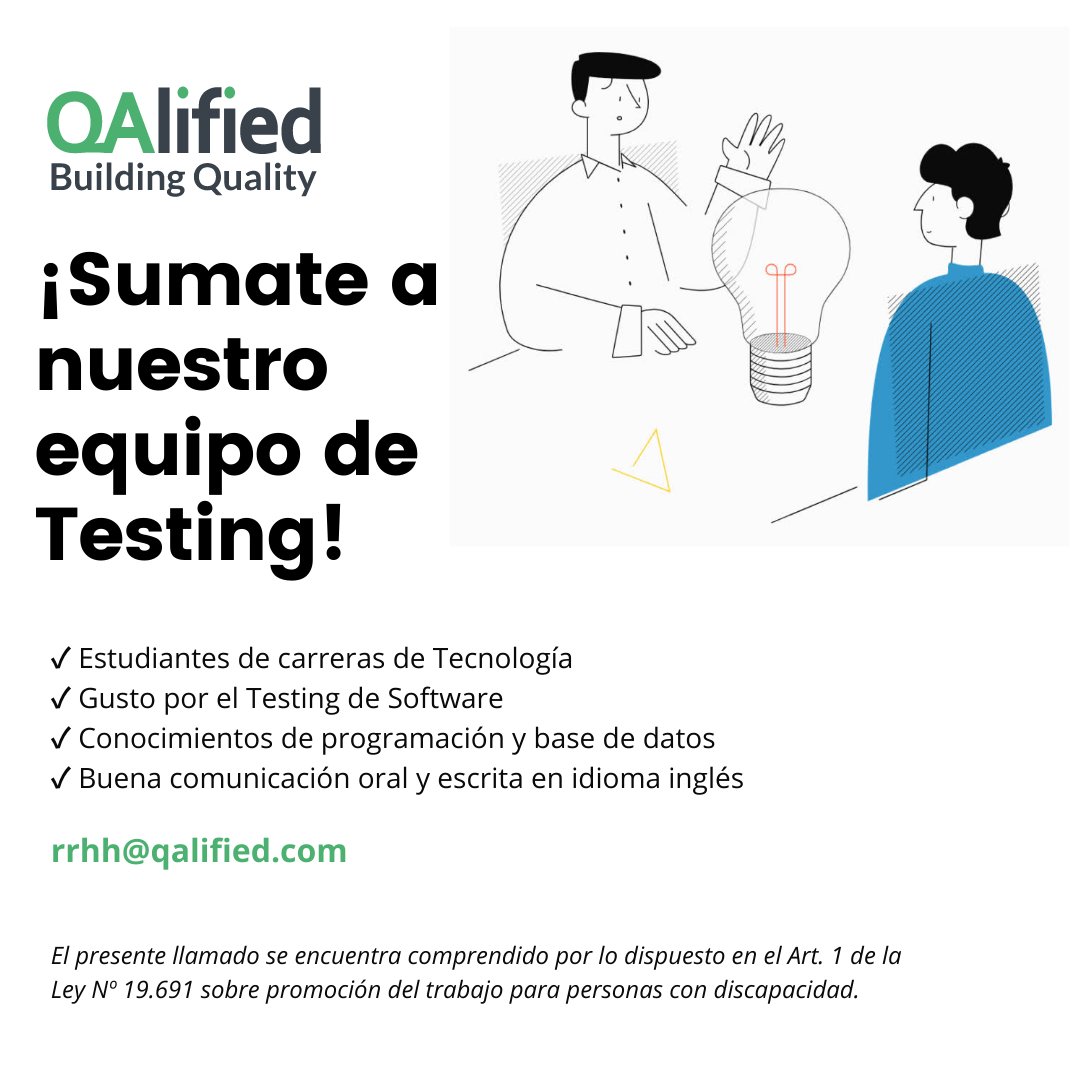 Sumarte a nuestro equipo 👉 Software Tester 👈

🚀Si te gusta el Testing de Software y te interesa seguir aprendiendo, ¡esta oportunidad es para vos!

rrhh@qalified.com

#QAlified #Testing #Tester #Job #RRHH #CV #WeAreHiring #Hiring #oportunidadlaboral