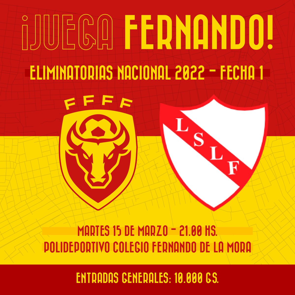 FFFF_Futsal's tweet photo. ¡VAMOS NOSOTROS! 🙌🏽

Esta noche recibimos a la Liga Sanlorenzana de Futsal por la primera fecha.

🏟 Colegio Dr. Fernando de la Mora.
⌚ 21.00 hs.
🎫 10.000 gs.

#JuegaFernando 🔴🟡 https://t.co/kVTrVRoCqx