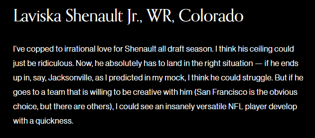 Flashback to me just NAILING the Laviska Shenault future in my piece before the 2020 draft. https://t.co/XPQ33mJKii https://t.co/41X16SQMan