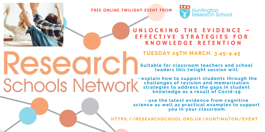 HuntResearchSch's tweet photo. Join us on Tuesday 29th March, 3.45pm for our FREE online twilight session.

Unlocking the evidence – Effective Strategies for Knowledge Retention.

https://t.co/2DJGDCyRCx https://t.co/7st9ScozA4