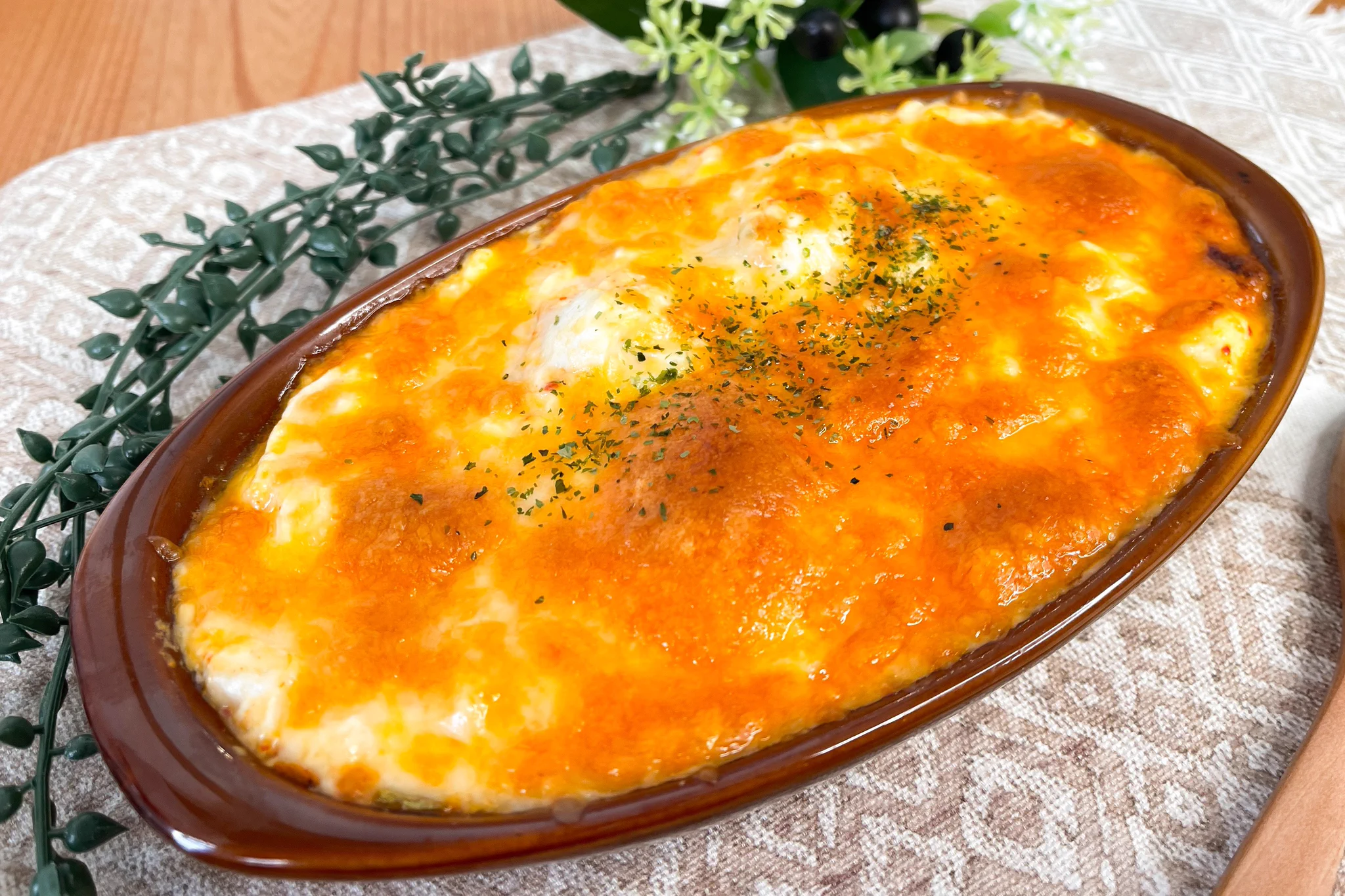 糖質もカロリーも低め！豆腐でキムチーズグラタン。