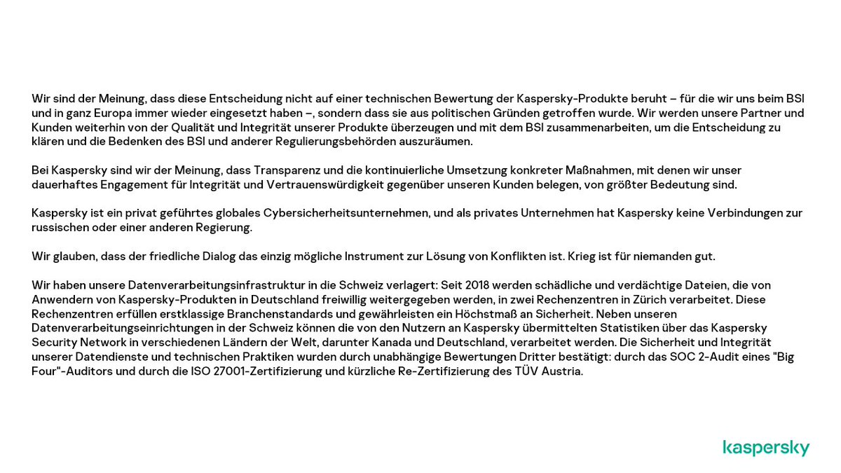 kaspersky's tweet image. Our statement in regard to the warning of German Federal Office for Information Security (BSI)

Unser Statement zur Warnung des Bundesministeriums für Sicherheit in der Informationstechnik (BSI)