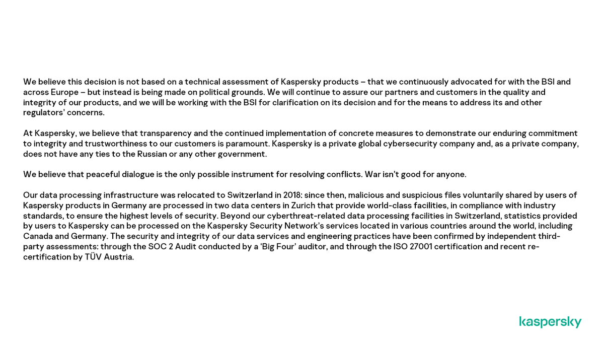 kaspersky's tweet image. Our statement in regard to the warning of German Federal Office for Information Security (BSI)

Unser Statement zur Warnung des Bundesministeriums für Sicherheit in der Informationstechnik (BSI)