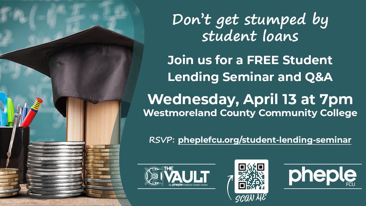 PhepleWCCC's tweet photo. Don’t get stumped by student loans!
🎓 Join us for a FREE Student Lending Seminar and Q&amp;A
📅 Wednesday, April 13 at 7pmWestmoreland County Community College
☑ RSVP: https://t.co/bBvuIlnTQe https://t.co/BJTCPglbhv