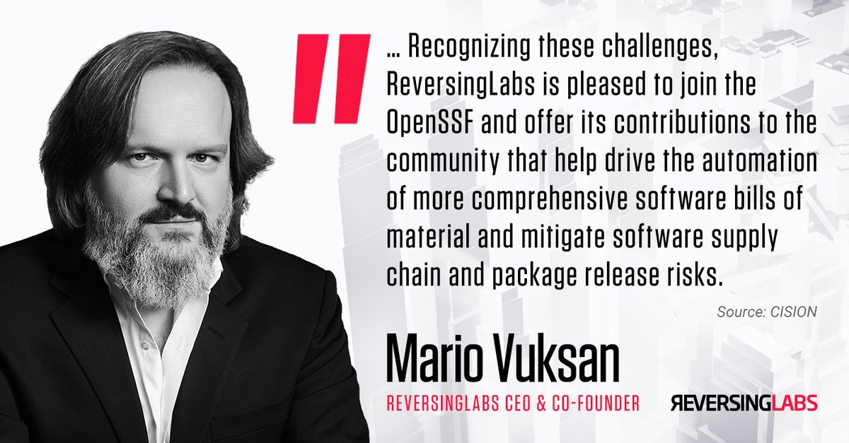 ReversingLabs's tweet image. &quot;The #software #SupplyChain has become a major risk vector for new threats, including those from the #OpenSource ecosystem ...&quot;, said Mario Vuksan, CEO of #ReversingLabs. Learn more here: hubs.ly/Q01609PZ0