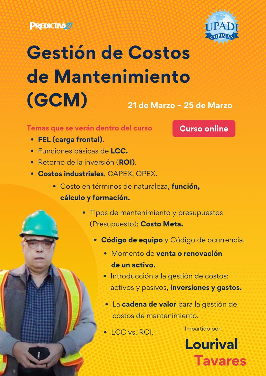 predictiva21's tweet photo. Conoce las estrategias gerenciales para la gestión financiera de #mantenimiento en este curso ➡ https://t.co/0JfpLLdqKu
Obtén tu Certificado de asistencia y participación 📑 de Predictiva21 y #COPIMAN.
Escríbenos para atender tu consulta📱 → WhatsApp: https://t.co/RJW2ipSKiR https://t.co/JTo9ueRiIW
