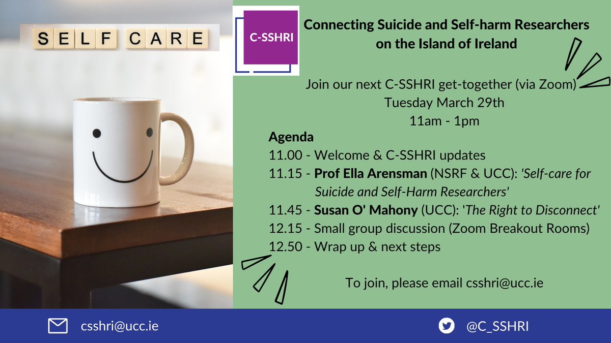 c_sshri's tweet photo. π’ The Agenda for our next get-together on March 29th. All those involved in #suicideresearch or #selfharmresearch are welcome. To join us, email csshri@ucc.ie https://t.co/0q3eU1OYWd