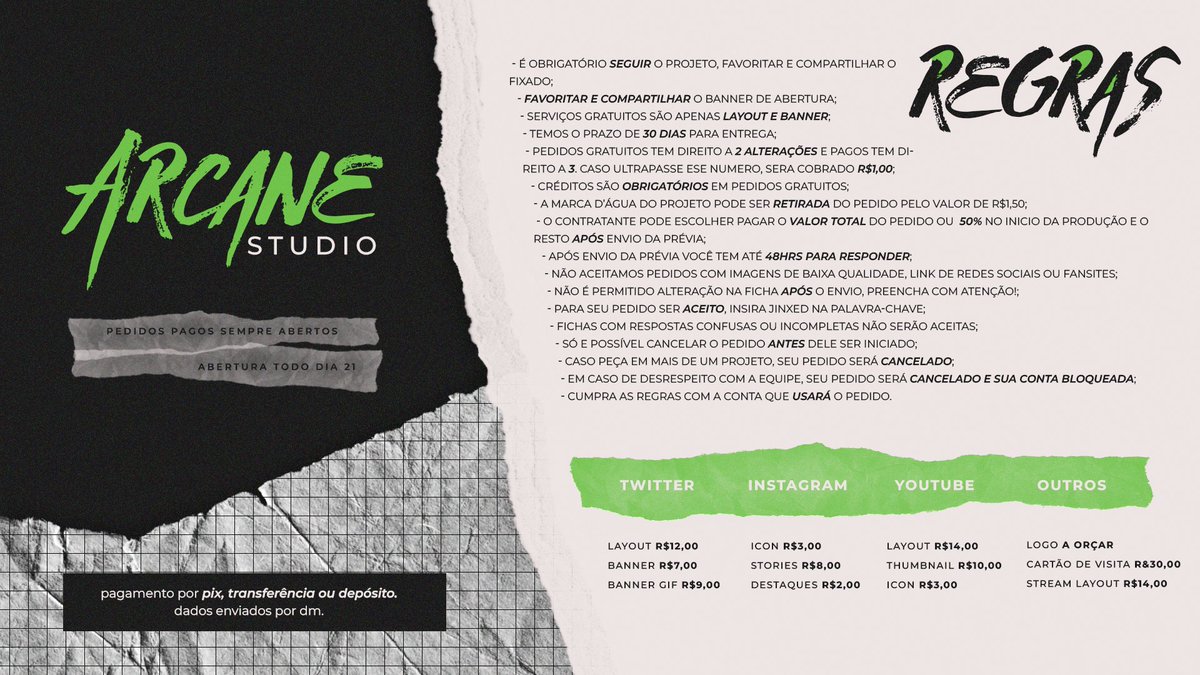 Seja Bem Vindo! Leia as regras atentamente antes de pedir. Em caso de dúvidas, a dm esta aberta.

🔗Carrd: arcanestudio.carrd.co

🐈CuriousCat: curiouscat.live/ArcaneStudio

🗓️Cronograma: docs.google.com/spreadsheets/d…