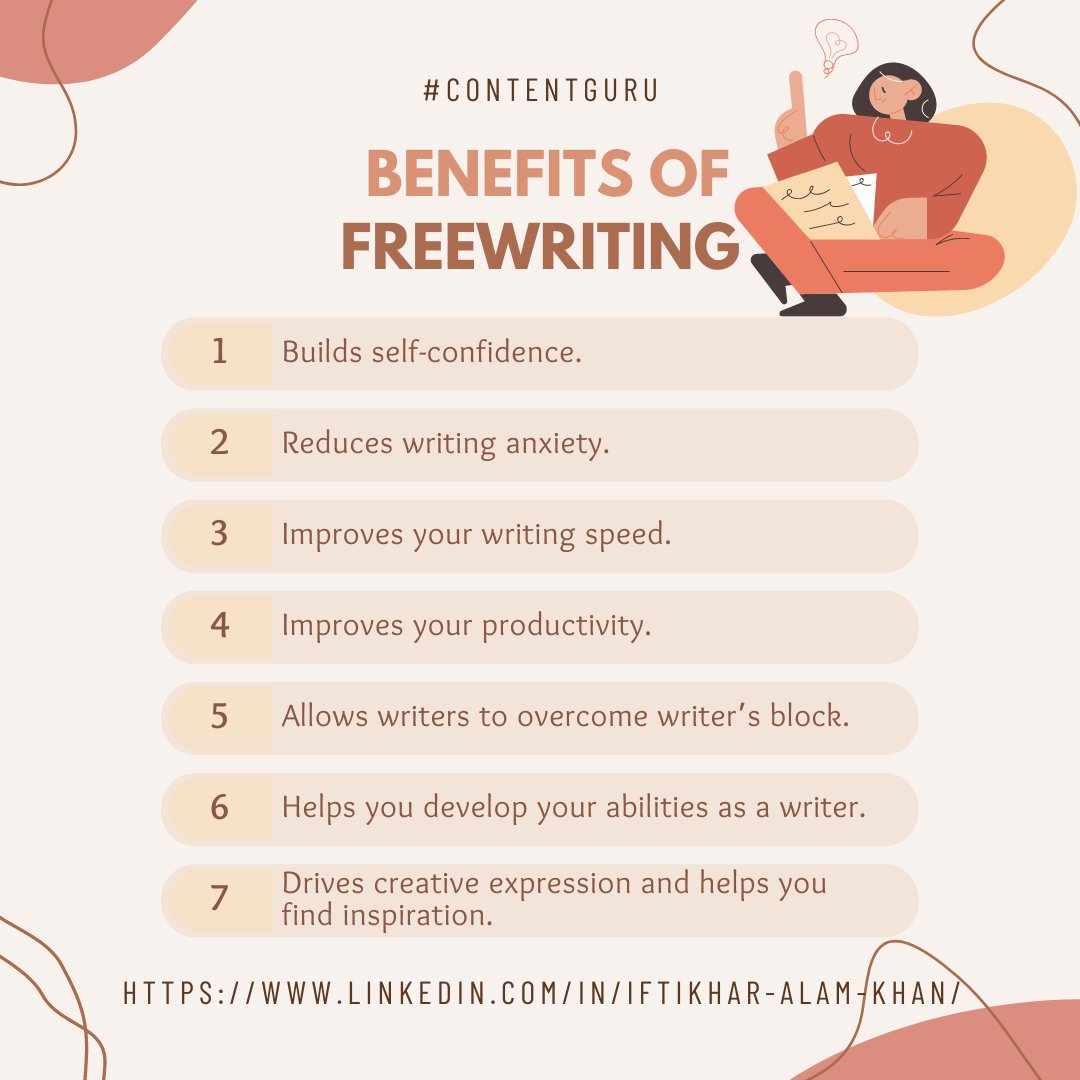 miftikharalam7's tweet photo. Here’s how freewriting can help you improve as a writer.

Join me:
LinkedIn: https://t.co/EGPOj2lqLS
Facebook: https://t.co/CO1qAX8TIQ
Instagram: https://t.co/YJtfkAzarI    
     
#contentguru #contentwriters #contentwriting #contenttips #contentwritingtips #contentmarketing https://t.co/272fLpg5O5