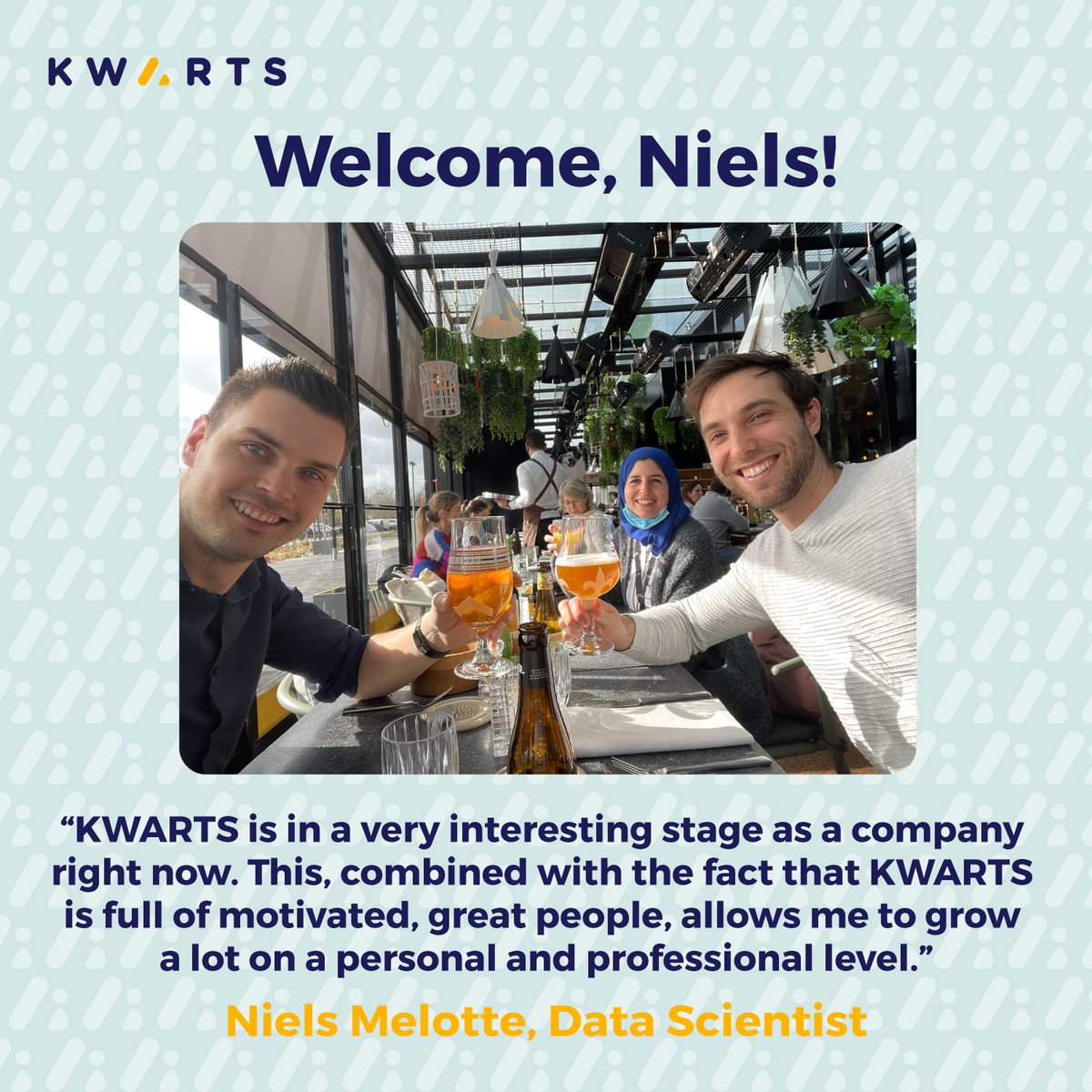 kwartspeak's tweet photo. · Welcome to the team, Niels!🥳 · Niels Melotte joins the KWARTS team as Data Scientist!🏆

Interested in discussing career options at KWARTS? Contact us — jobs@kwarts.be

#kwarts #hcpengagement #digitalengagement #customerengagement #nextbestaction #datadriven #aidriven https://t.co/o4yc0D2vYP