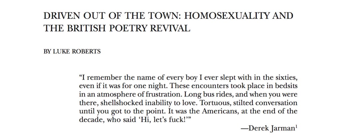 "If we ask, how queer was the British Poetry Revival? The only sensible answer seems to be not queer at all. I want to prize open this assessment."

In our latest number, Luke Roberts delves into the often-ignored queerness of the British Poetry Revival

tinyurl.com/5a59u9vh