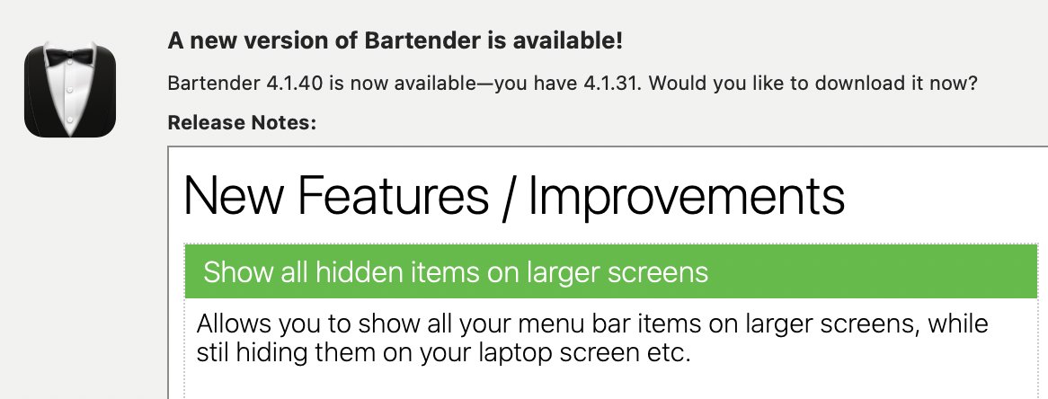 JoshuaBCarter's tweet photo. With a Studio Display on the way, I very much appreciate this update from the excellent utility Bartender https://t.co/2QGPqIzGtH