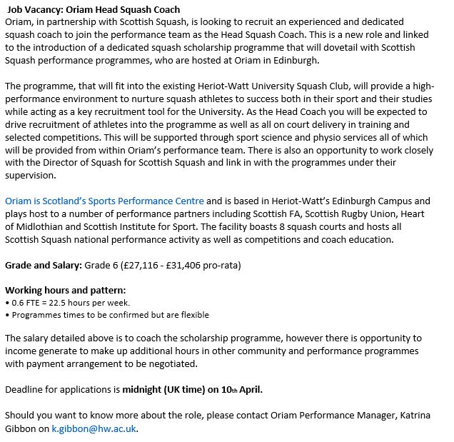 Scottish_Squash's tweet photo. 🔊Job Vacancy - Head Squash Coach

Oriam, in partnership with Scottish Squash, is looking to recruit an experienced coach to join the Oriam performance team.

A new role linked to the introduction of a dedicated squash scholarship programme.

Info👉https://t.co/nMNgIldPVD https://t.co/TAtK9bhRg4