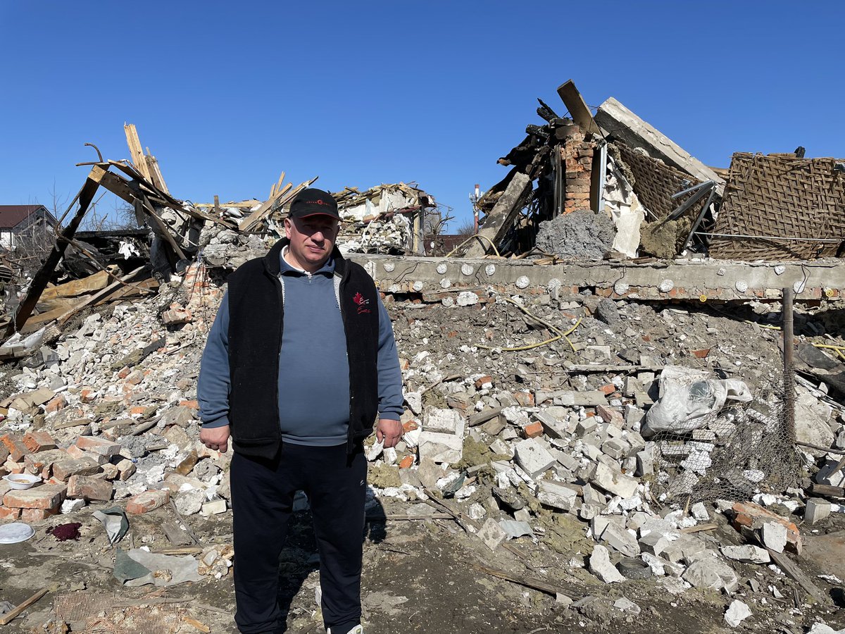 AlexandravonNah's tweet photo. Sergey‘s house in Zhytomyr has been completely destroyed by Russian missiles. His daughter was killed on the spot. And yet, he tells me he doesn’t blame the people of Russia, but Putin and his  government. His appeal to Europe: close the sky over Ukraine. 
#russianinvasion https://t.co/cfiM7vvp89