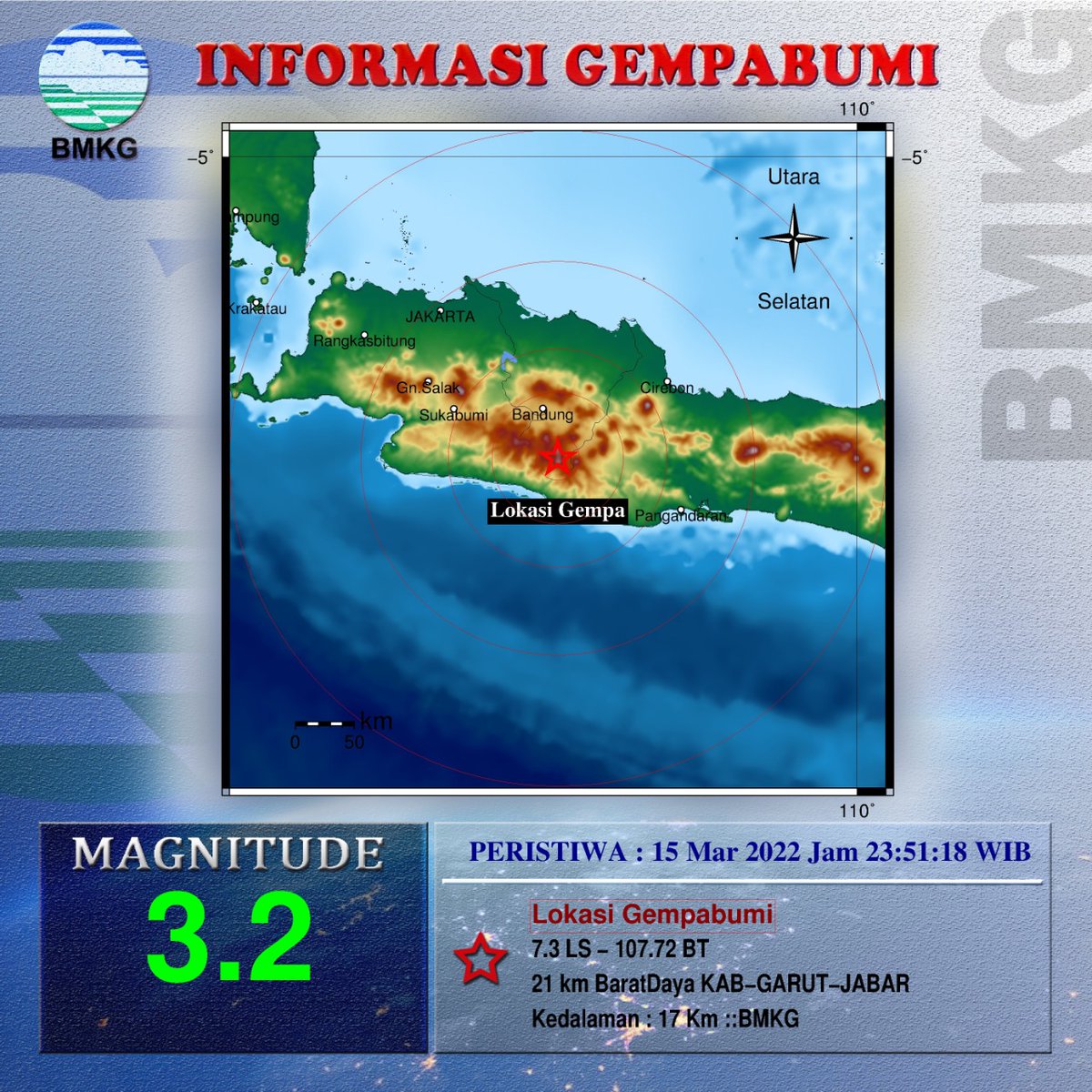 Info Gempa Mag:3.2, 15-Mar-22 23:51:18 WIB, Lok:7.30 LS - 107.72 BT (21 km BaratDaya KAB-GARUT-JABAR), Kedlmn: 17 Km ::BMKG