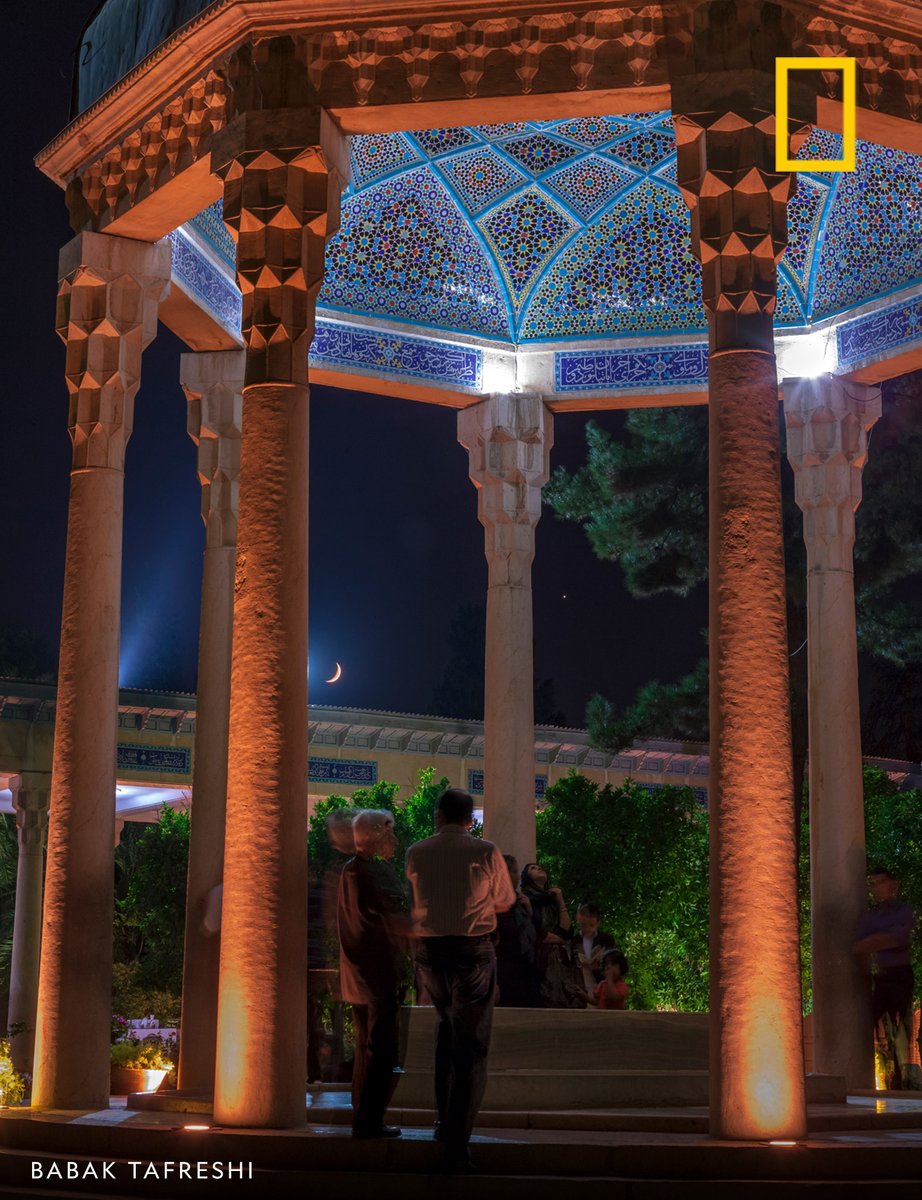 NatGeo's tweet photo. I remember celebrating #Nowruz in my childhood with my family reading poems of Hafez. His 14th century book of love poems is found in every Iranian home. Here his tomb in Shiraz appears in a spring night, with the moon and Venus https://t.co/ckmxN2qNDh