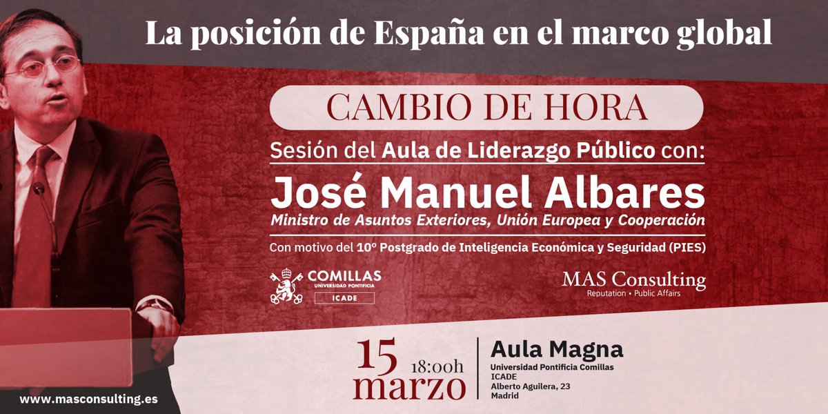 🏛Arranca el Aula de Liderazgo Público de @MASConsulting con <a href="/jmalbares/">José Manuel Albares</a> (<a href="/MAECgob/">Ministerio de Asuntos Exteriores, UE y Cooperación</a>) en <a href="/UCOMILLAS/">Universidad Pontificia Comillas</a> 

🖥Puedes seguirlo de manera online a través del siguiente enlace 👉bit.ly/3w9NPaO