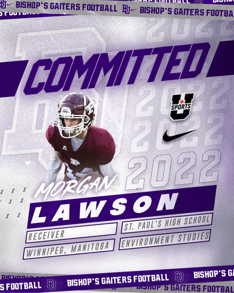 GaitersHC's tweet photo. Very excited to announce that Receiver Morgan Lawson from St-Paul’s High School Winnipeg has chosen to continue his academic and athletic journey with @BishopsGaiters 🏈. He intends to pursue a degree in Environmental Studies. #BleedPurple #ComeWriteTheFuture https://t.co/nGpteu5NCj