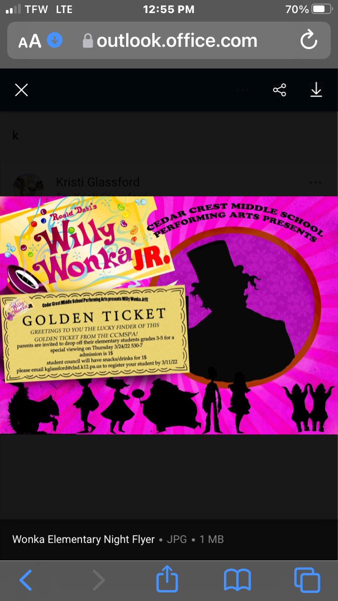 Hey #CLSD elementary kiddos in grades 3-5! #CCMSPA invites you to a sneak peak of #WillyWonkaJr on Thursday 3/24  See the flyer below for information #drama #Falcons #falconpride
