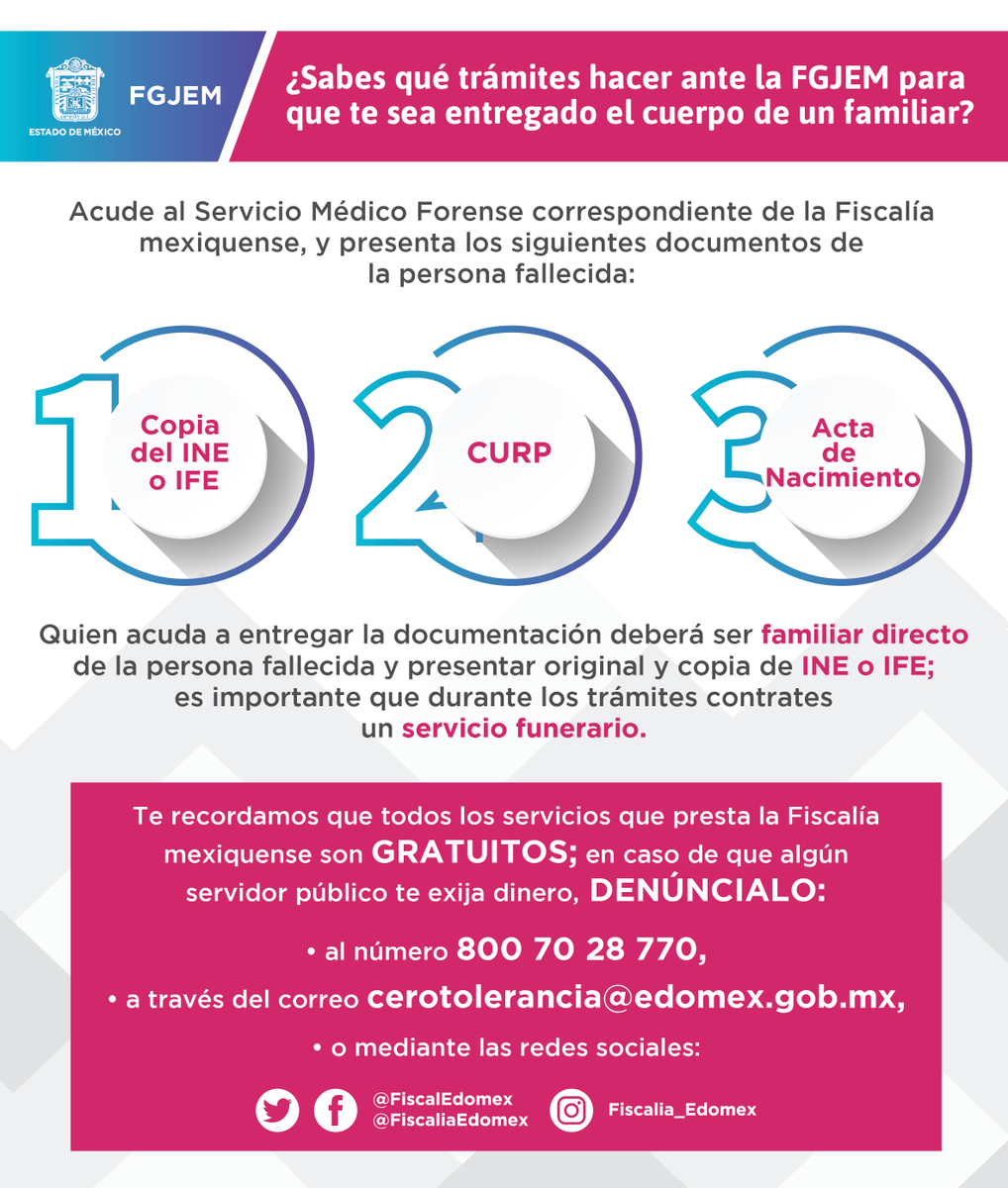 ¿Sabes qué trámites debes hacer ante la #FiscalíaEdoméx para que te sea entregado el cuerpo de un familiar? Te damos a conocer los pasos a seguir.