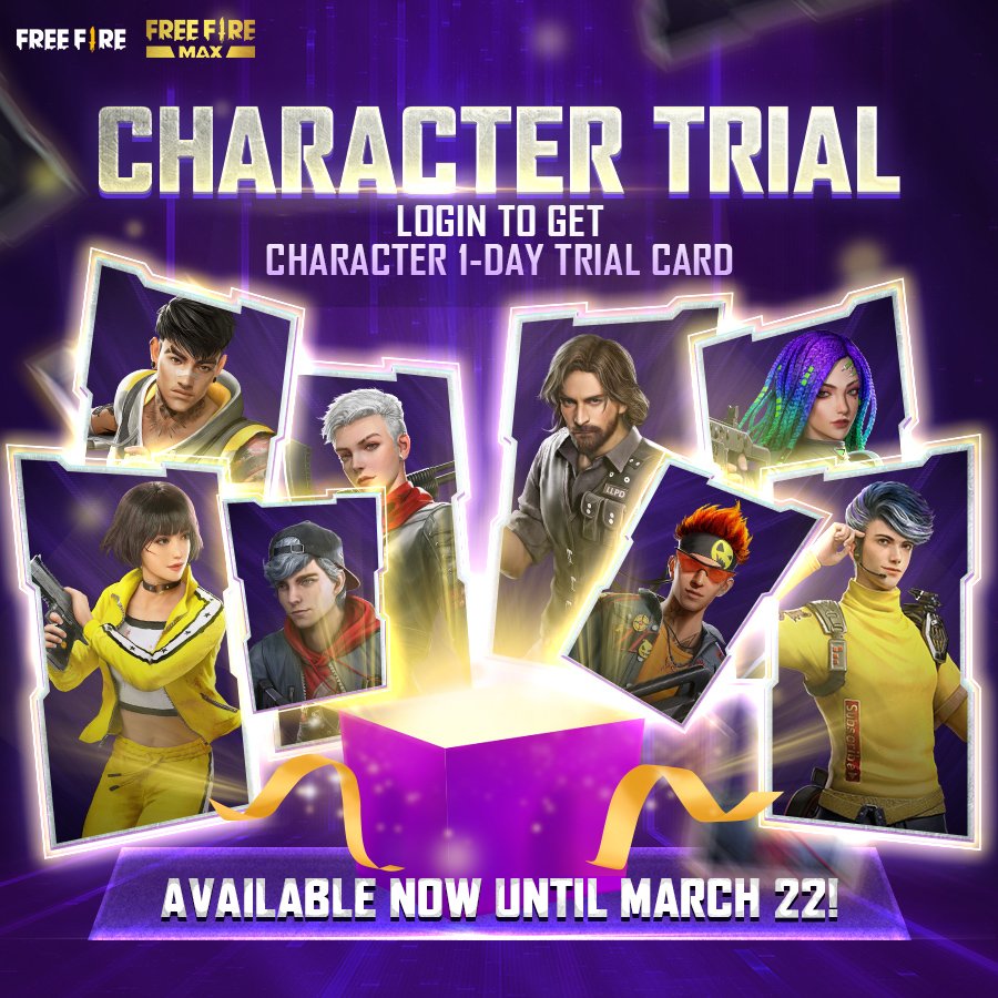 🤩CHARACTER TRIAL🤩
If you've ever wanted to try out any character, now's your chance! 👀

Login to claim your free character 1-day trial card! 
#FreeFire #FreeFireIndia #IndiaKaBattleRoyale #Booyah #FreeFireUniverse #freefiremax
