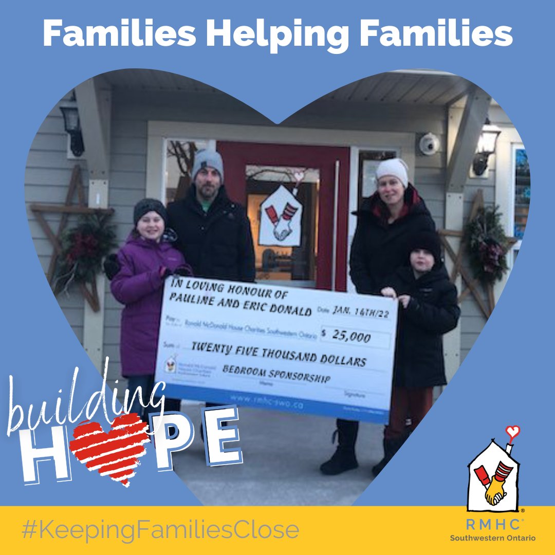 RMHCSWO's tweet photo. We are always blown away by the compassion of families looking to help RMHC families stay close. The Donald’s are doing just that through their support of our #BuildingHope campaign in-honour of Pauline and Eric Donald ❤ #AdoptARoom #KeepingFamiliesClose #Thankful https://t.co/BB3mzkK5Pq