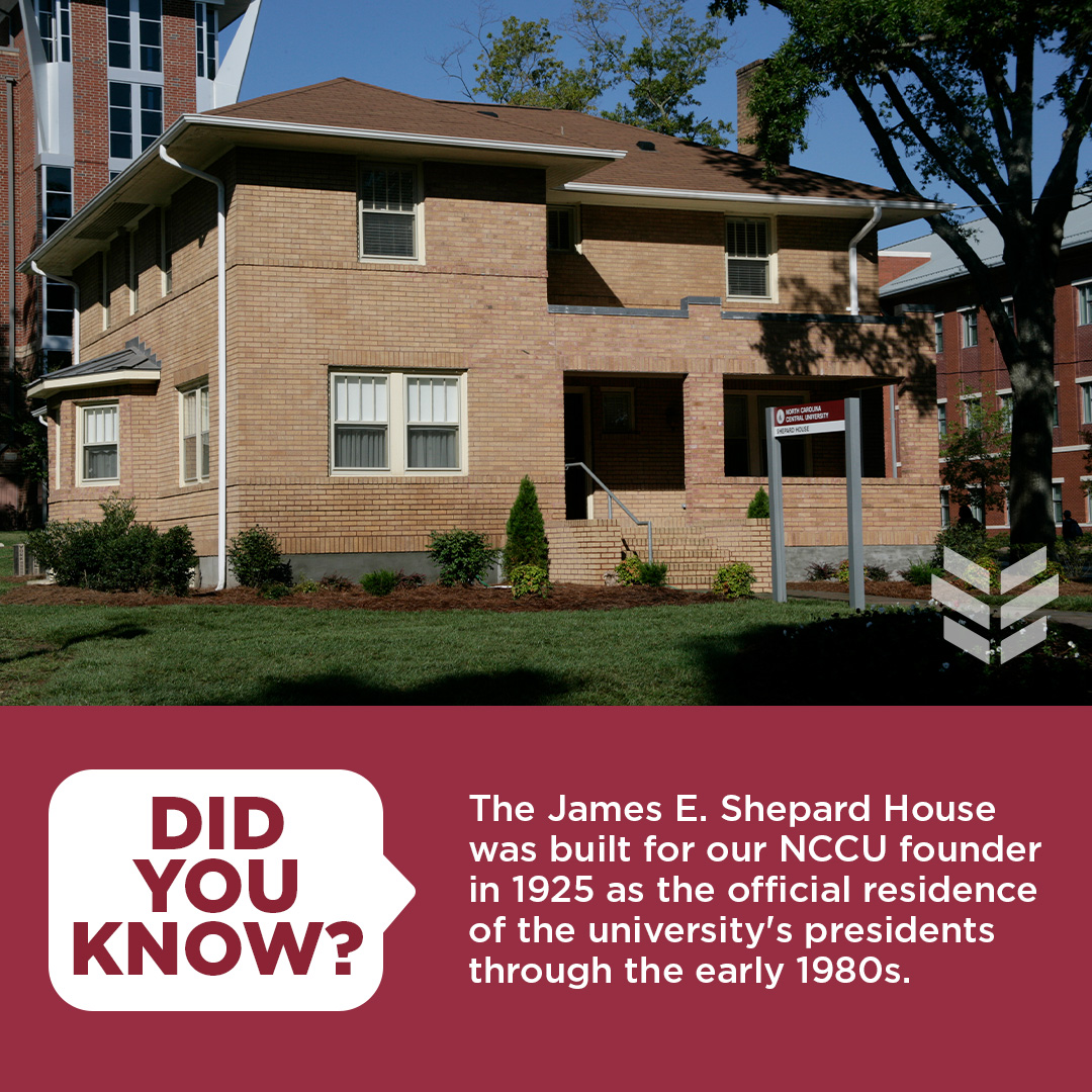The James E. Shepard House was built for our #NCCU founder and his wife in 1925 to house the university's presidents through the early 1980s. 

It was renovated by a grant and donations, and it now houses an exhibit on Dr. Shepard's life. Visit today!

#NCCUHistory #HBCUHistory
