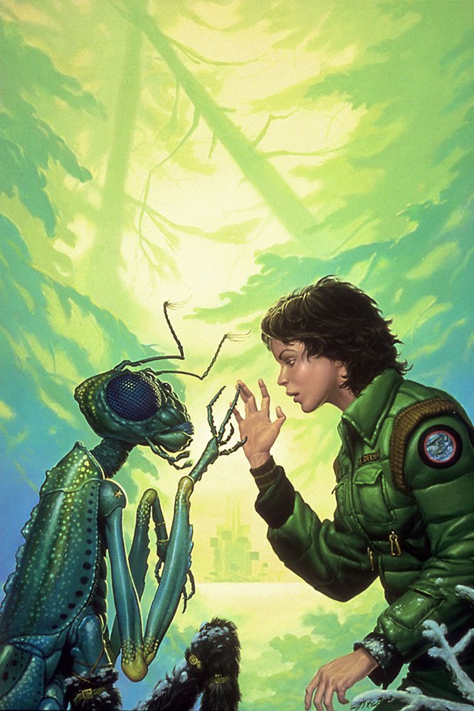 Mossworm1's tweet photo. @brightmyth I feel like this is a good place to show off this similar painting by Michael Whelan of a pretty woman and her human gf about to hold hands. This was my desktop background on my old laptop until it died https://t.co/EBQKDW0DEs