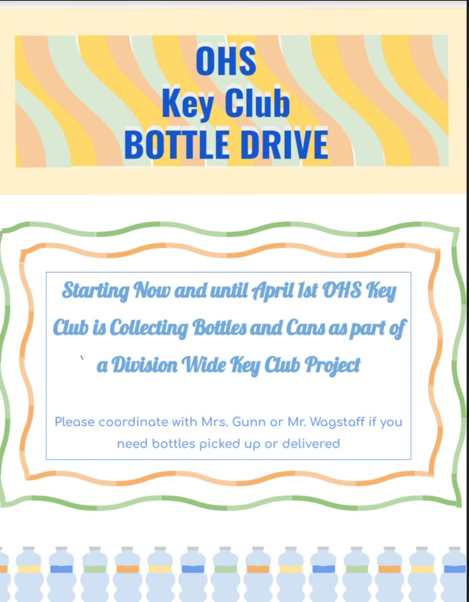 rsu_26's tweet photo. OHS Key Club is collecting bottles and cans until April 1st as part of a division wide Key Club fundraiser. Bottles and Cans can be dropped off in Guidance or you can contact Mr. Wagstaff or Mrs. Gunn to arrange a pick up. 
#GoRiots! https://t.co/7XUBVWvqA6