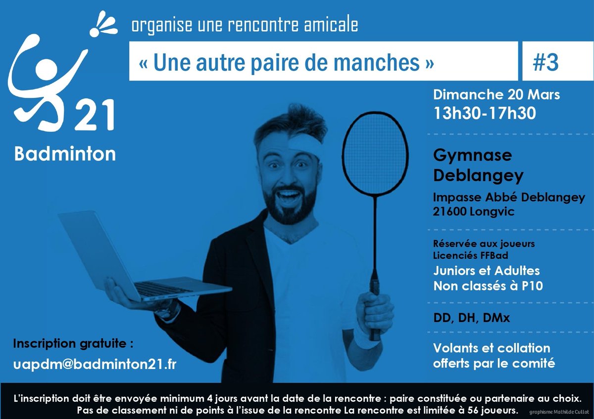 Badminton21's tweet photo. dimanche 20 mars : #UAPDM à Longvic
Inscriptions (gratuites) toujours possibles, dépêchez-vous ! https://t.co/QVL8cbBZBc