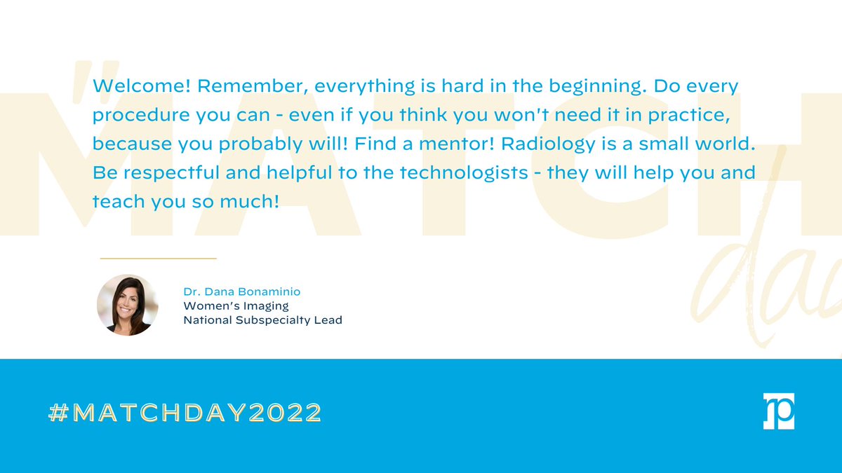 Rad_Partners's tweet photo. The excitement of #MatchWeek2022 continues! RP's @dbonaMD shares her advice for #radres to keep in mind as residency training begins. More pearls of wisdom from RP radiologists here: https://t.co/6fInL03Oqu

#Match2022 #MatchDay2022 #futureradres  #radiology #MedStudentTwitter https://t.co/OdeBi8Uc9I