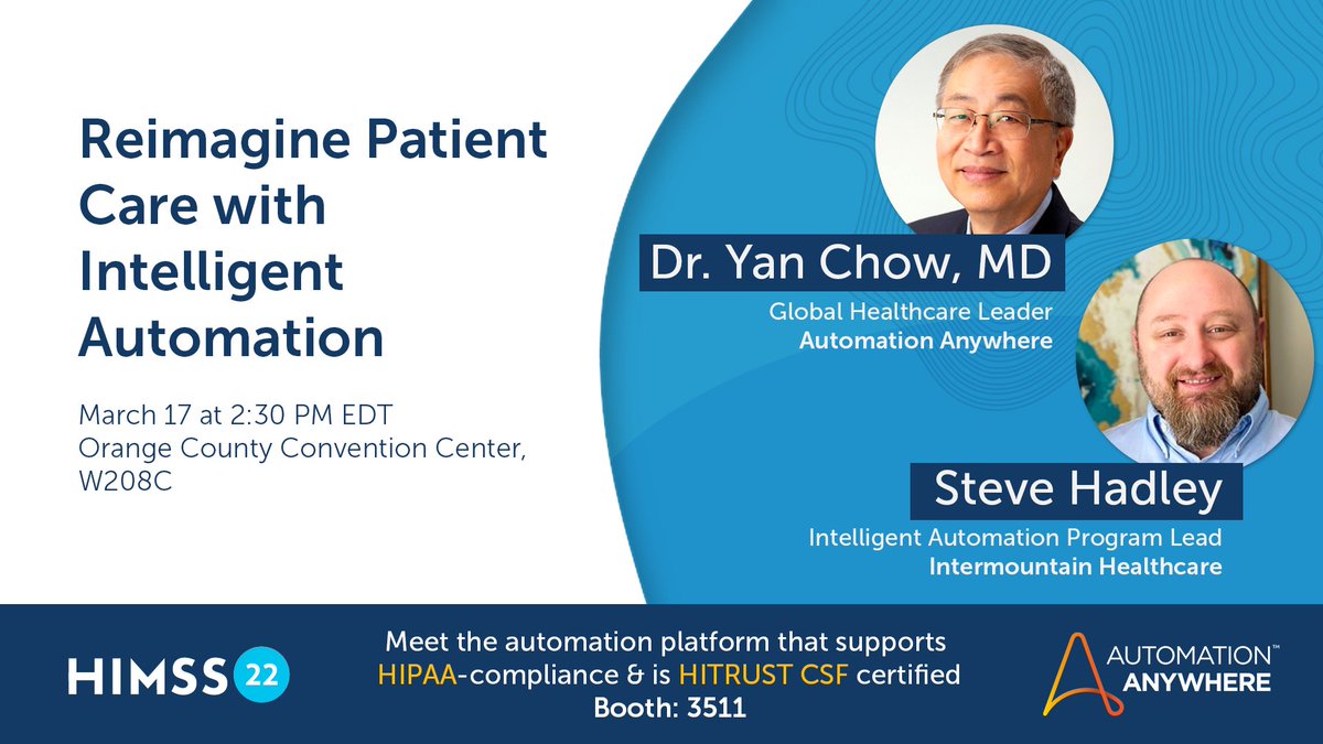 Automation Anywhere (@automationanywh) on Twitter photo Join Dr. Yan Chow, MD and Steve Hadley at #HIMSS22, as they discuss how #automation is improving patient care and powering #digitaltransformation.
📅 March 17 🕝 2:30 PM 📍 W208C
<a href="/AutomationAnywh/">Automation Anywhere</a> Booth: 3511
himss.org/global-confere… Join Dr. Yan Chow, MD and Steve Hadley at #HIMSS22, as they discuss how #automation is improving patient care and powering #digitaltransformation.
📅 March 17 🕝 2:30 PM 📍 W208C
<a href="/AutomationAnywh/">Automation Anywhere</a> Booth: 3511
himss.org/global-confere…