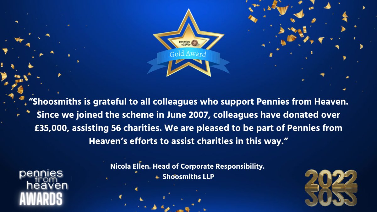 ⭐️ GOLD AWARDS ⭐️ | Gold Awards are given to employers with more than 20% of staff/pensioners in the scheme, and this year we had a massive 22 members achieving this! Here is what one of those winners, @Shoosmiths, had to say about winning this award. #PFHAwards2022